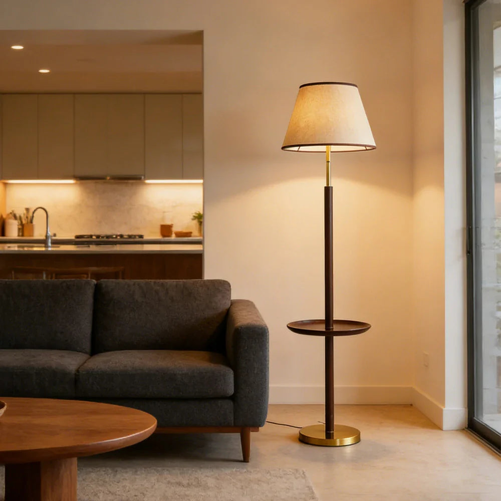 LIVARA Floor Lamp Three-Mode Lighting - Beech Wood Tabletop, Handwoven Fabric Shade, Tip-Resistant Base