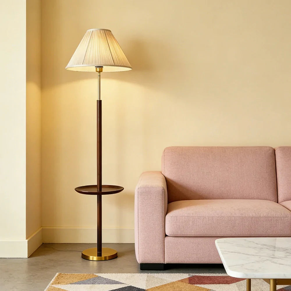 LIVARA Floor Lamp with Three Lighting Modes - Beech Wood Top, Handwoven Fabric Shade, Stable Design