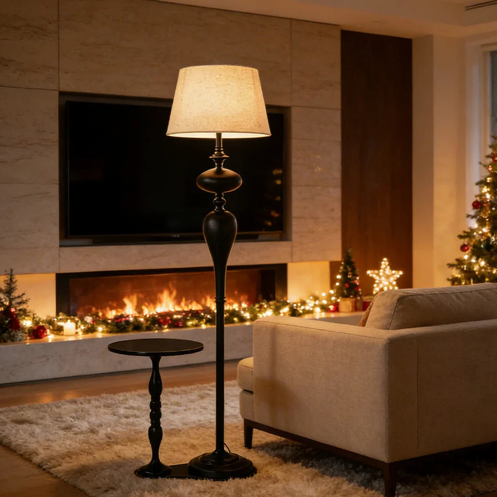 LIVARA Floor Lamp - Soft Ambient Light, Beech Wood Top, Handwoven Fabric Shade, Modern Home Style