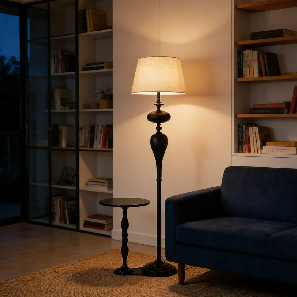 LIVARA Floor Lamp - Soft Ambient Light, Beech Wood Top, Handwoven Fabric Shade, Modern Home Style