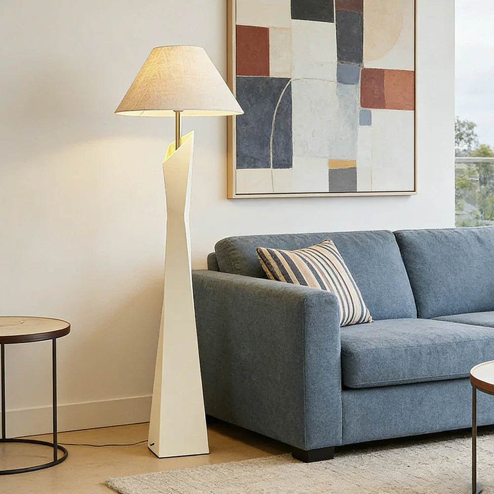 LIVARA Modern Floor Lamp - Soft Ambient Light, Elegant Style, Hat-Style Linen Shade with Resin Frame - White