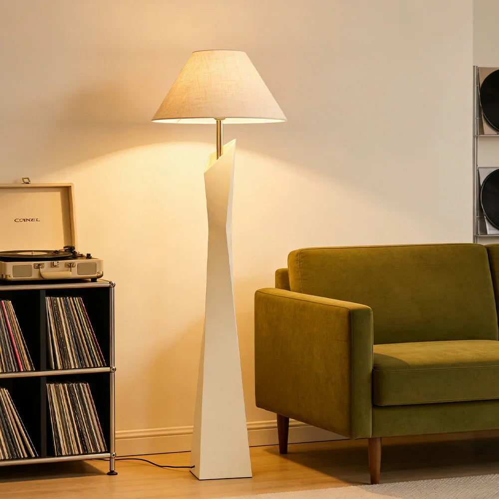 LIVARA Modern Floor Lamp - Soft Ambient Light, Elegant Style, Hat-Style Linen Shade with Resin Frame - White