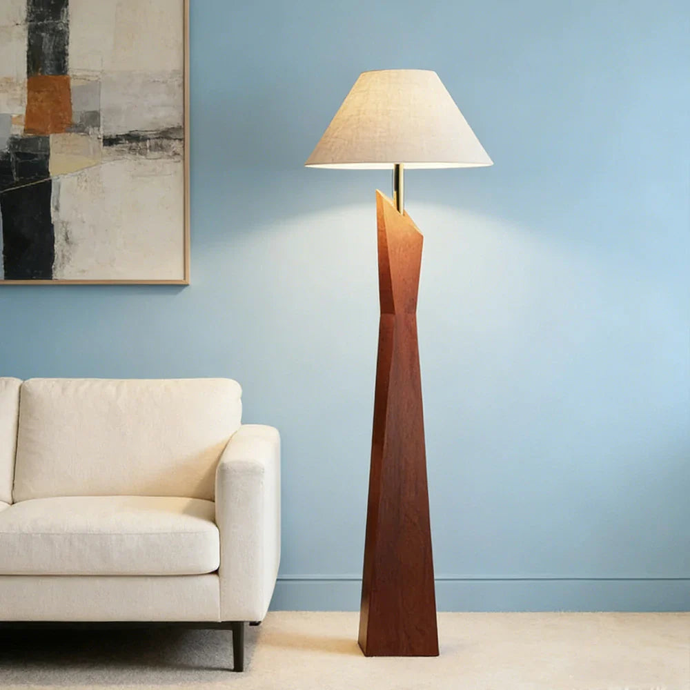 LIVARA Modern Floor Lamp - Soft Ambient Light, Elegant Style, Hat-Style Linen Shade with Resin Frame - Walnut