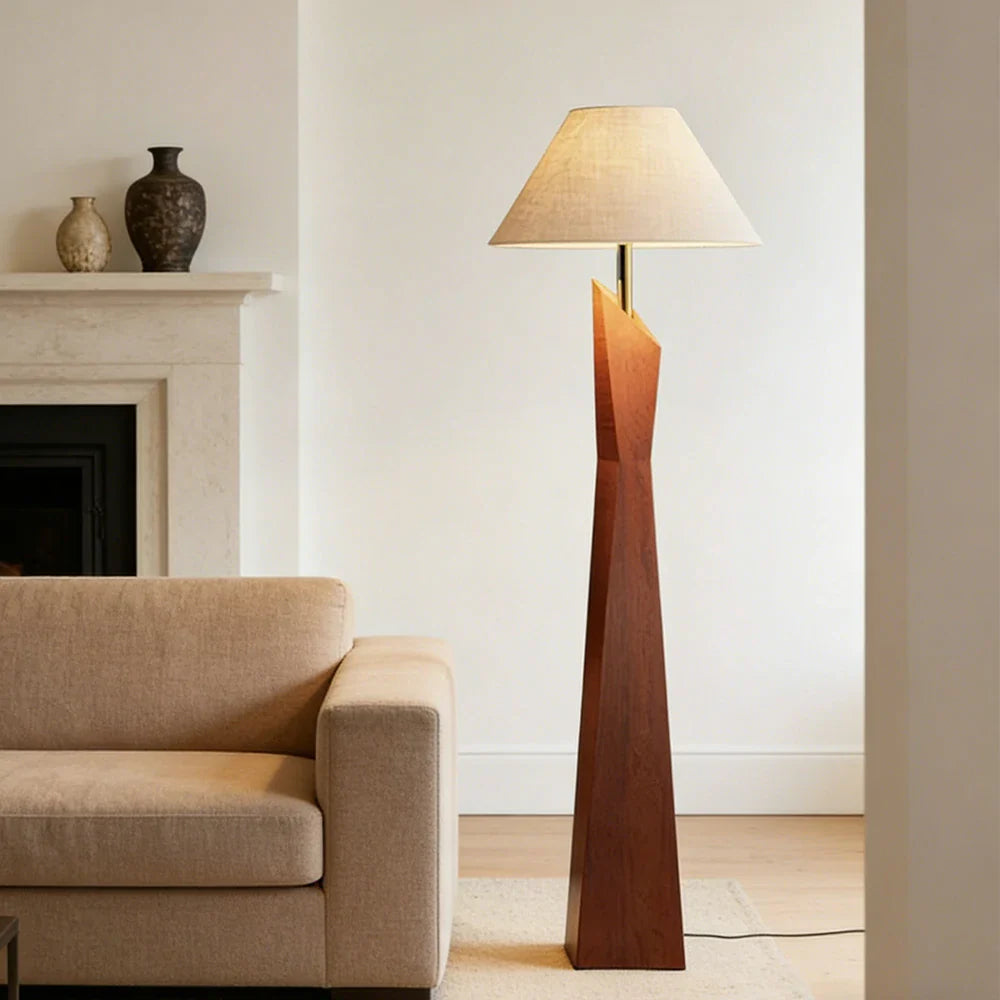 LIVARA Modern Floor Lamp - Soft Ambient Light, Elegant Style, Hat-Style Linen Shade with Resin Frame - Walnut