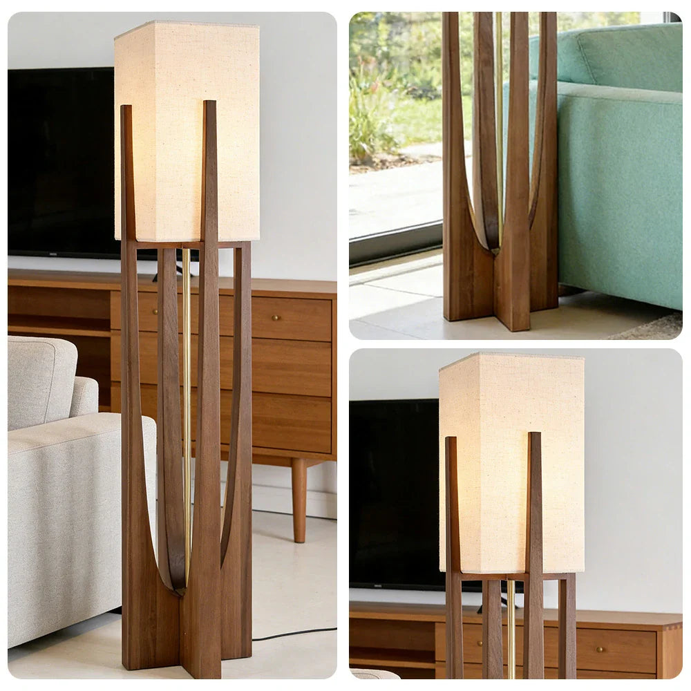LIVARA Floor Lamp 52/82/145cm - Soft Lighting, Premium Design, Cotton-Linen Shade, Ash Wood Body with Brass Hardware - Walnut