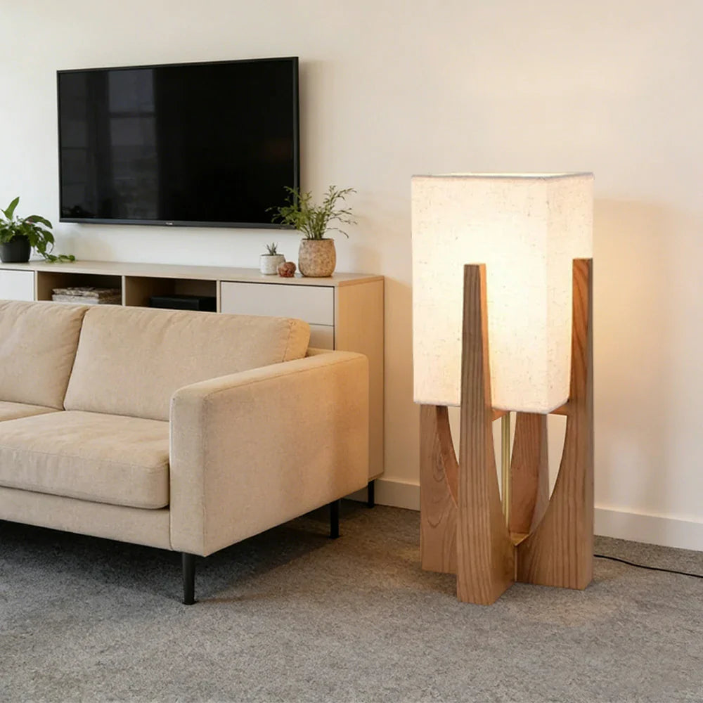 LIVARA Floor Lamp 52/82/145cm - Soft Lighting, Premium Design, Cotton-Linen Shade, Ash Wood Body with Brass Hardware - Walnut
