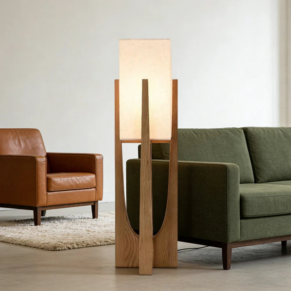 LIVARA Floor Lamp 52/82/145cm - Soft Lighting, Premium Design, Cotton-Linen Shade, Ash Wood Body with Brass Hardware - Walnut