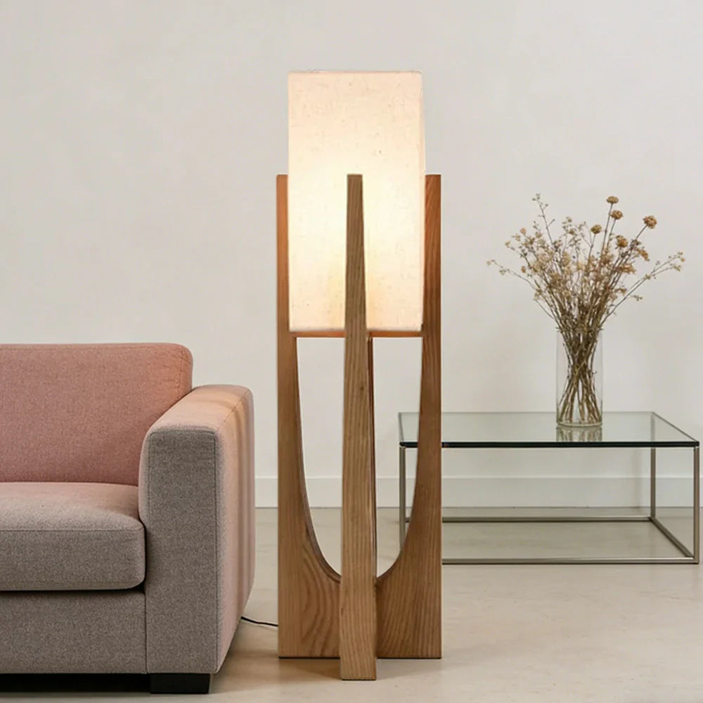 LIVARA Floor Lamp 52/82/145cm - Soft Lighting, Premium Design, Cotton-Linen Shade, Ash Wood Body with Brass Hardware - Walnut