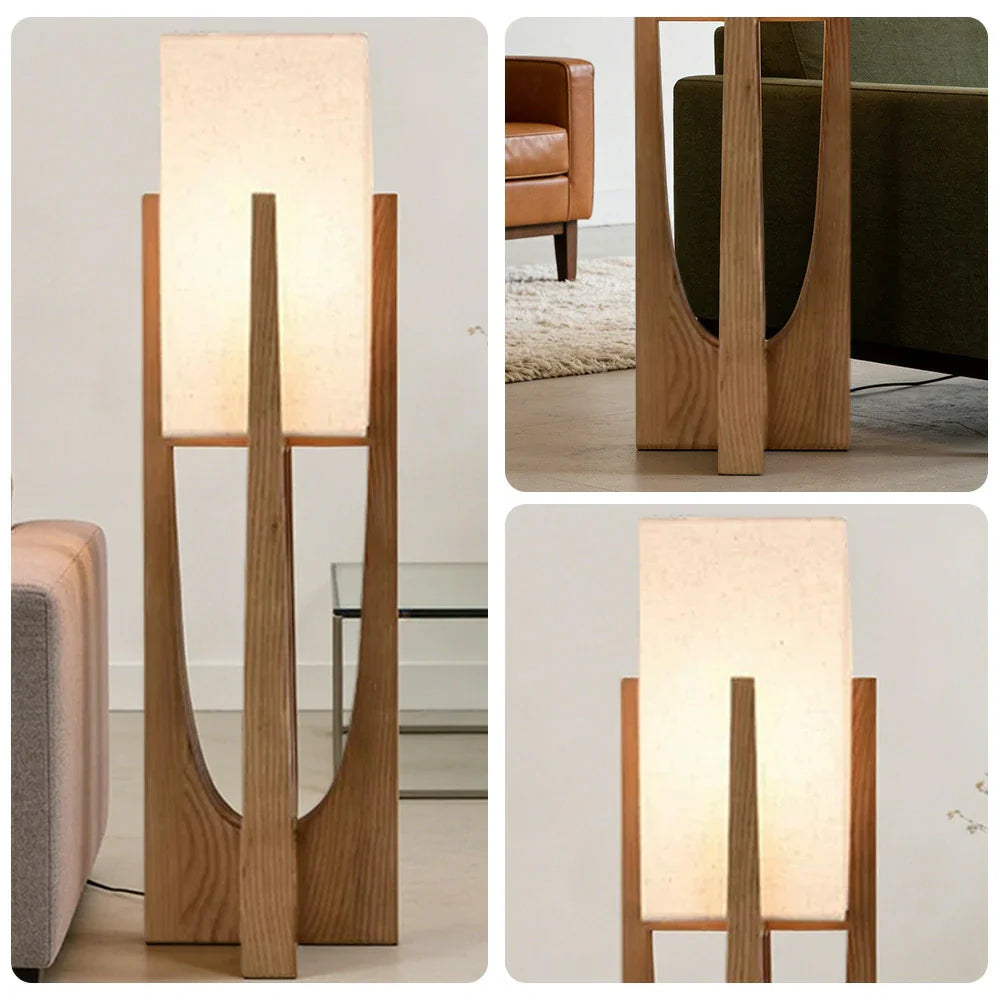 LIVARA Floor Lamp 52/82/145cm - Soft Lighting, Premium Design, Cotton-Linen Shade, Ash Wood Body with Brass Hardware - Walnut