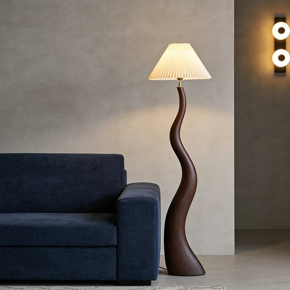 LIVARA Floor Lamp - Soft Lighting, Adjustable Shade, Pleated Design with Fabric & Resin Build - Walnut