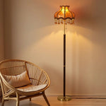 LIVARA Floor Lamp - Soft Eye-Friendly Lighting, Fabric Shade, Brass Body with Walnut Grain Base