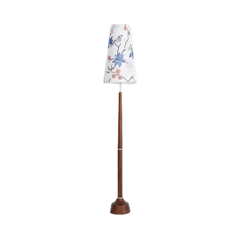 LIVARA Floor Lamp - Soft Eye-Friendly Lighting, Floral Fabric Shade, Walnut-Tone Base, Foot Switch Design
