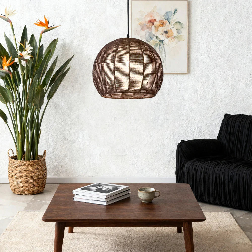 LIVARA 30/36/50cm Included Creative Woven Design Hemp Rope Pendant Light, Handcrafted Round Lampshade with E27 Bulb - Coffee