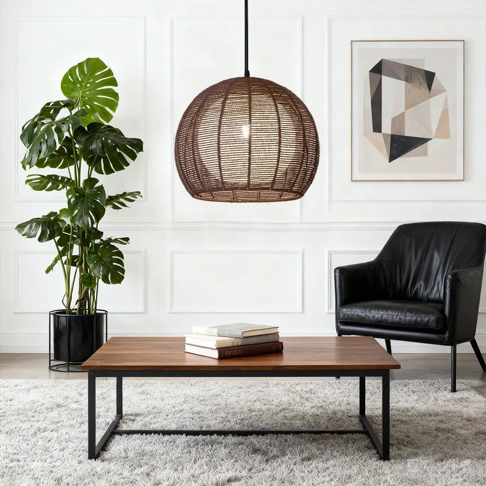 LIVARA 30/36/50cm Included Creative Woven Design Hemp Rope Pendant Light, Handcrafted Round Lampshade with E27 Bulb - Coffee