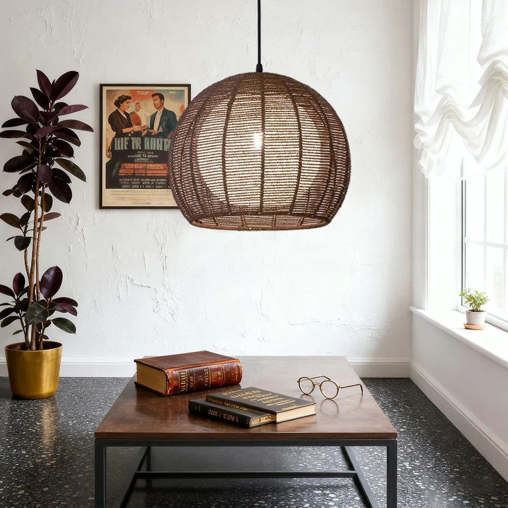 LIVARA 30/36/50cm Included Creative Woven Design Hemp Rope Pendant Light, Handcrafted Round Lampshade with E27 Bulb - Coffee
