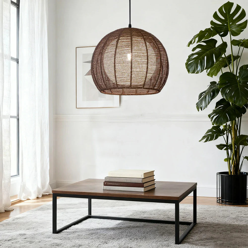 LIVARA 30/36/50cm Included Creative Woven Design Hemp Rope Pendant Light, Handcrafted Round Lampshade with E27 Bulb - Coffee