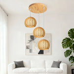 LIVARA 30cm 3/6-Head Hemp Rope Pendant Light, Natural Woven Ceiling Lighting for Living & Dining Rooms Handcrafted Round Lampshade with E27 Bulb Holder, - Wood Finish
