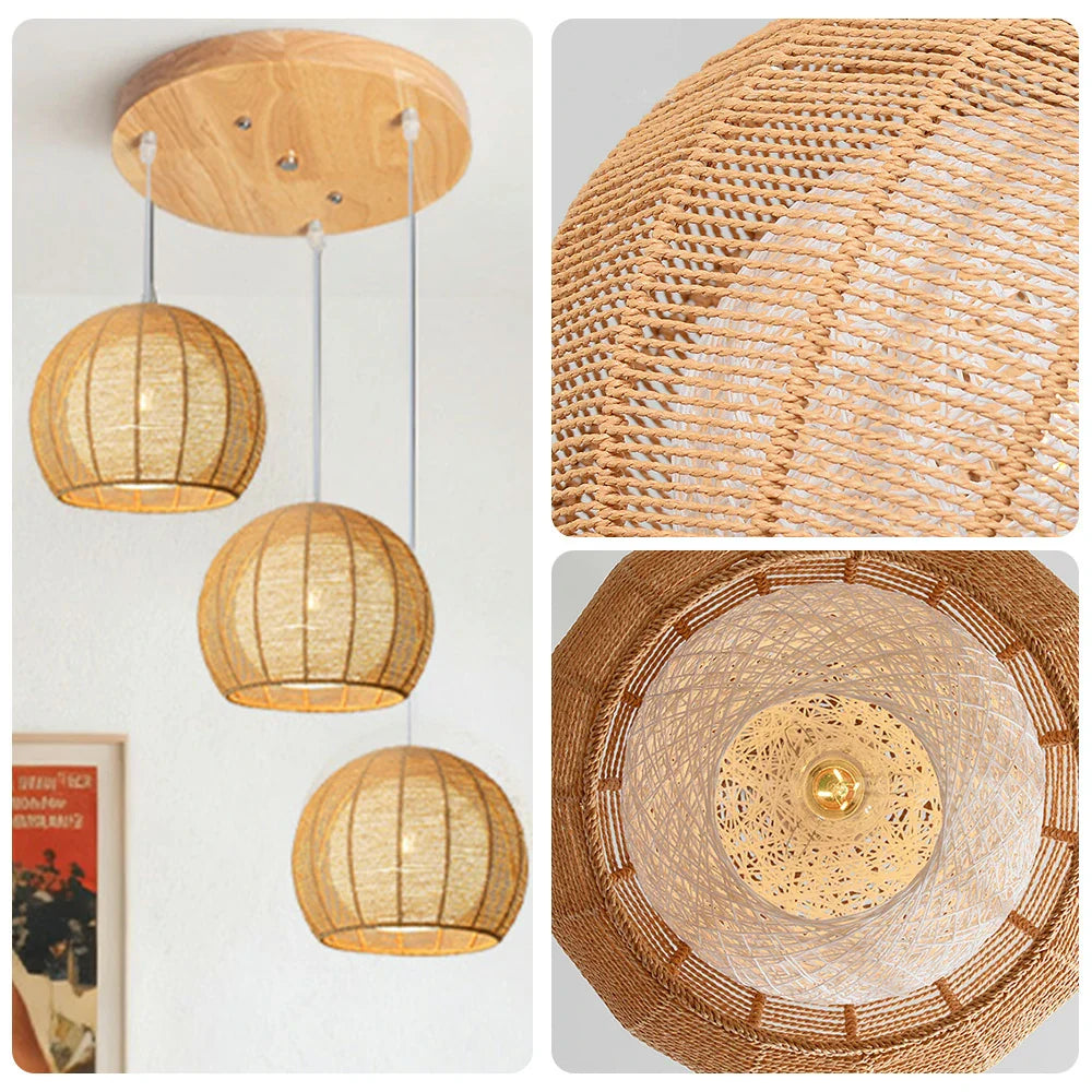 LIVARA 30cm 3/6-Head Hemp Rope Pendant Light, Natural Woven Ceiling Lighting for Living & Dining Rooms Handcrafted Round Lampshade with E27 Bulb Holder, - Wood Finish