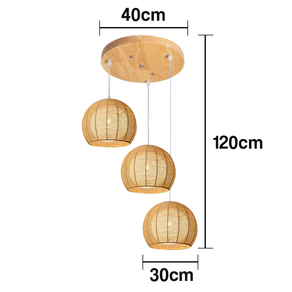 LIVARA 30cm 3/6-Head Hemp Rope Pendant Light, Natural Woven Ceiling Lighting for Living & Dining Rooms Handcrafted Round Lampshade with E27 Bulb Holder, - Wood Finish