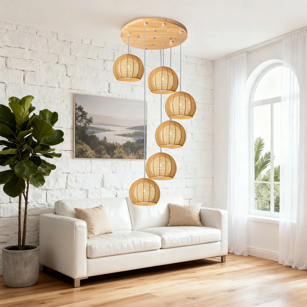 LIVARA 30cm 3/6-Head Hemp Rope Pendant Light, Natural Woven Ceiling Lighting for Living & Dining Rooms Handcrafted Round Lampshade with E27 Bulb Holder, - Wood Finish