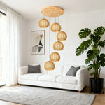 LIVARA 30cm 3/6-Head Hemp Rope Pendant Light, Natural Woven Ceiling Lighting for Living & Dining Rooms Handcrafted Round Lampshade with E27 Bulb Holder, - Wood Finish