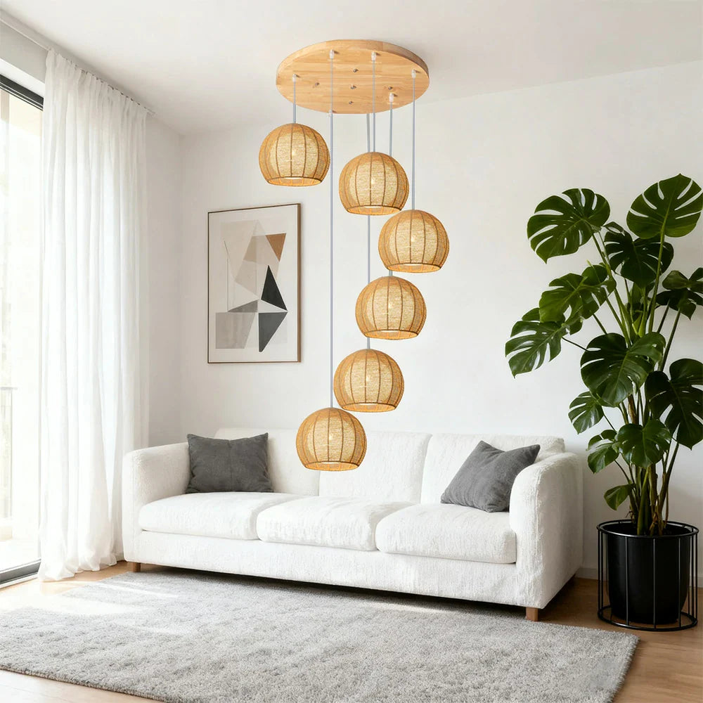 LIVARA 30cm 3/6-Head Hemp Rope Pendant Light, Natural Woven Ceiling Lighting for Living & Dining Rooms Handcrafted Round Lampshade with E27 Bulb Holder, - Wood Finish