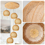 LIVARA 30cm 3/6-Head Hemp Rope Pendant Light, Natural Woven Ceiling Lighting for Living & Dining Rooms Handcrafted Round Lampshade with E27 Bulb Holder, - Wood Finish