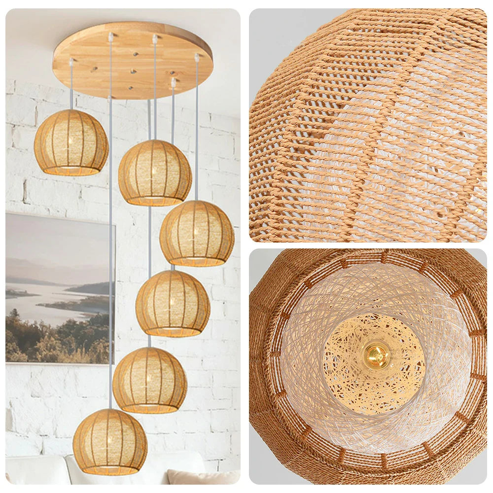 LIVARA 30cm 3/6-Head Hemp Rope Pendant Light, Natural Woven Ceiling Lighting for Living & Dining Rooms Handcrafted Round Lampshade with E27 Bulb Holder, - Wood Finish