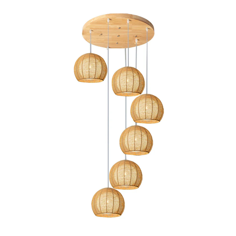 LIVARA 30cm 3/6-Head Hemp Rope Pendant Light, Natural Woven Ceiling Lighting for Living & Dining Rooms Handcrafted Round Lampshade with E27 Bulb Holder, - Wood Finish