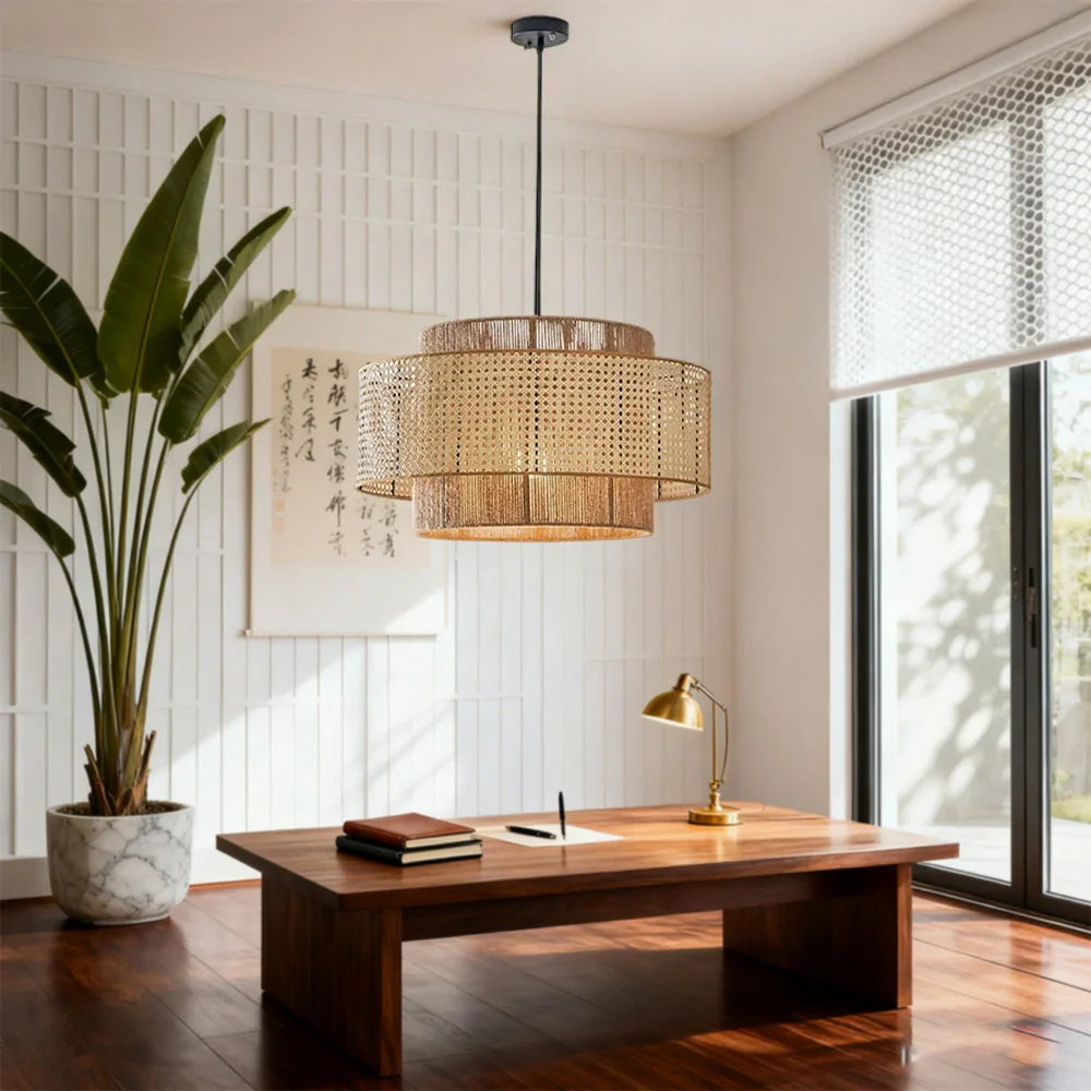 LIVARA 40/60/80cm Natural Woven Ceiling Light Hemp Rope & Rattan Pendant Light, Double-Layer Handwoven Lampshade with E27 LED Bulb Included - Beige