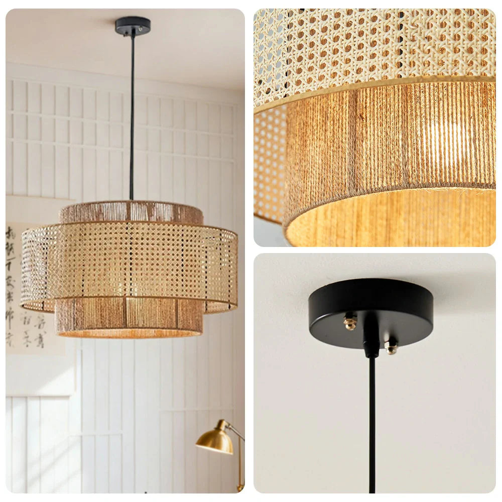 LIVARA 40/60/80cm Natural Woven Ceiling Light Hemp Rope & Rattan Pendant Light, Double-Layer Handwoven Lampshade with E27 LED Bulb Included - Beige