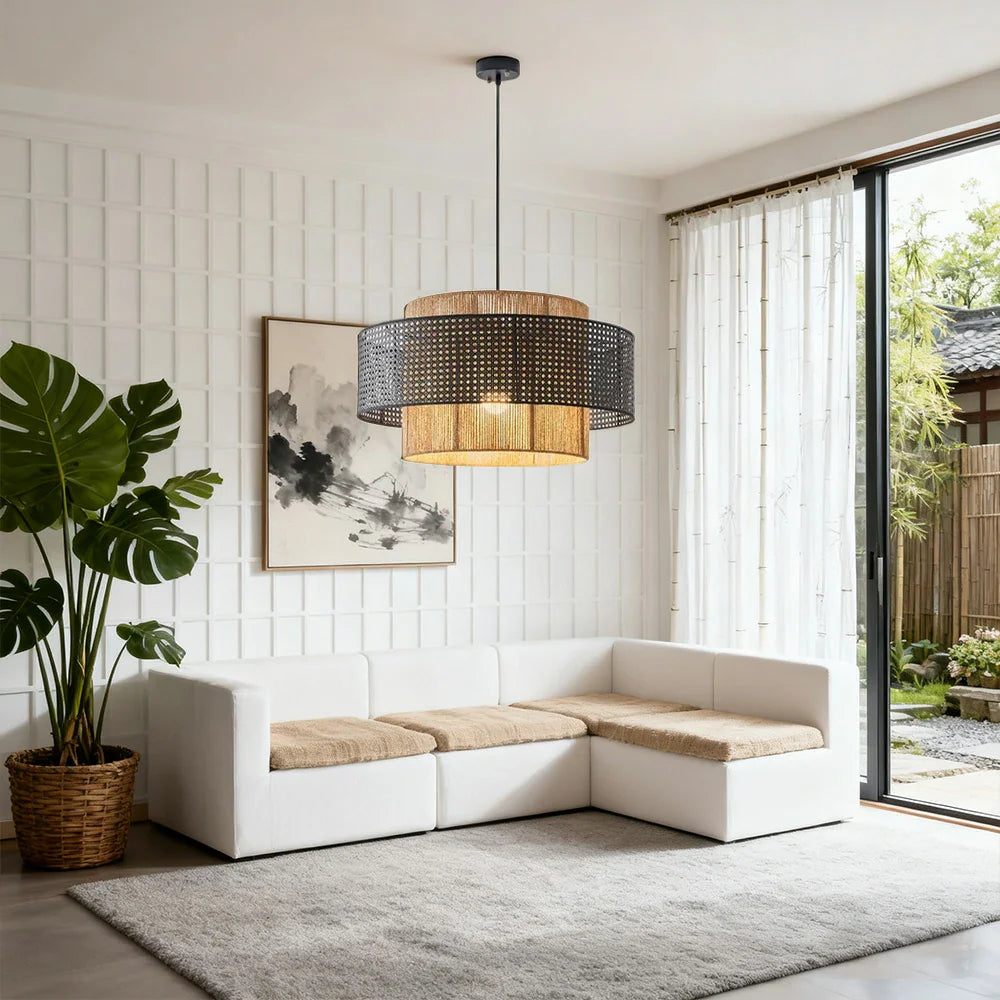 LIVARA 40/60/80cm Hemp Rope & Rattan Pendant Light, Double-Layer Handwoven Lampshade with E27 LED Bulb Included Natural Woven Ceiling Light - Black