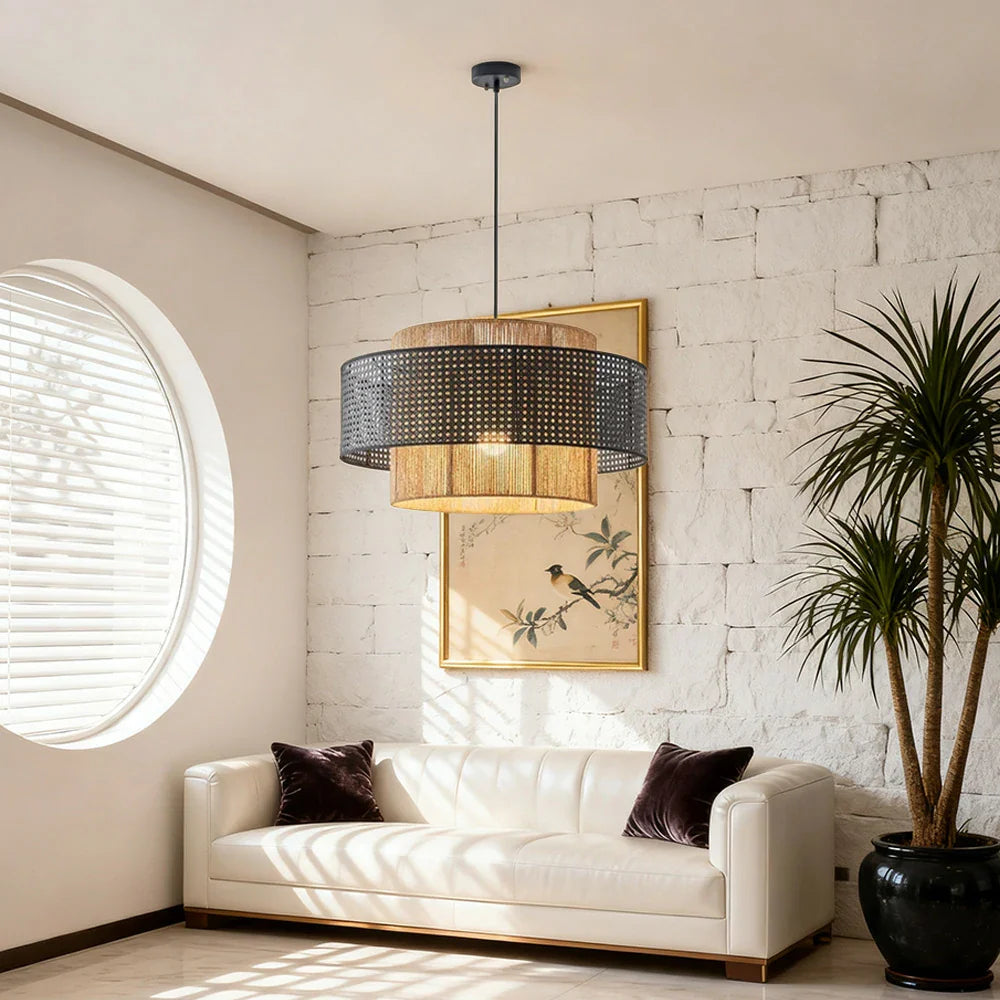 LIVARA 40/60/80cm Hemp Rope & Rattan Pendant Light, Double-Layer Handwoven Lampshade with E27 LED Bulb Included Natural Woven Ceiling Light - Black