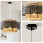 LIVARA 40/60/80cm Hemp Rope & Rattan Pendant Light, Double-Layer Handwoven Lampshade with E27 LED Bulb Included Natural Woven Ceiling Light - Black