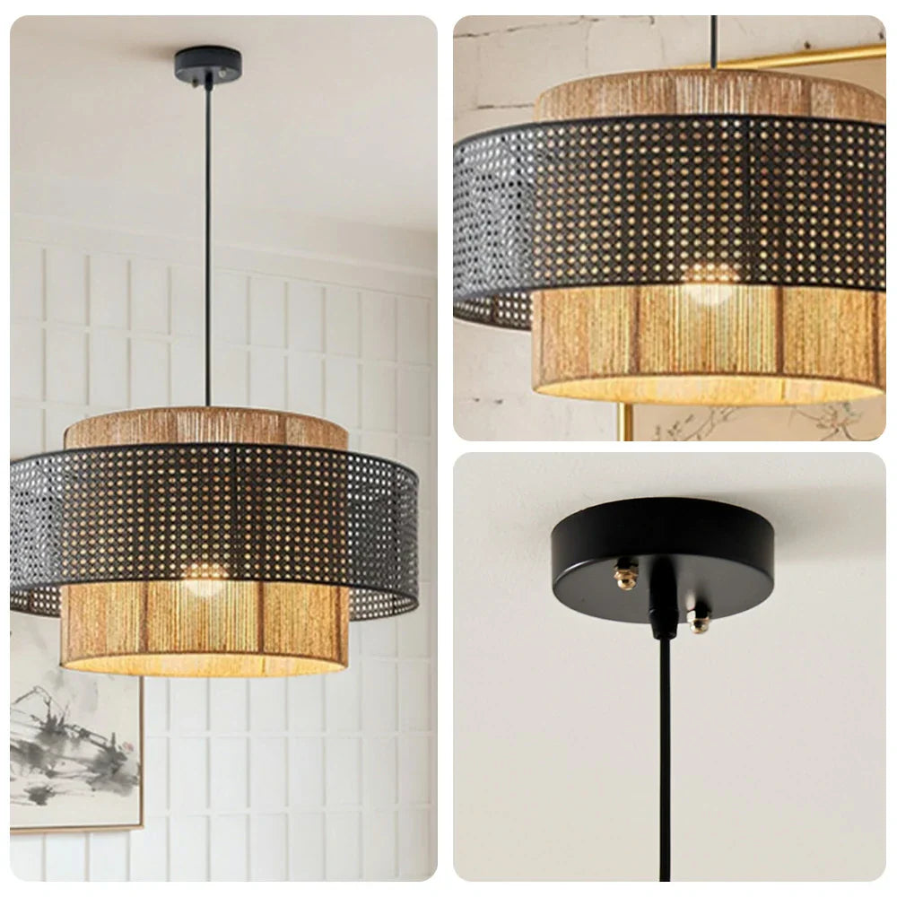LIVARA 40/60/80cm Hemp Rope & Rattan Pendant Light, Double-Layer Handwoven Lampshade with E27 LED Bulb Included Natural Woven Ceiling Light - Black