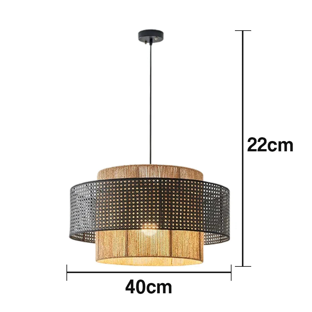 LIVARA 40/60/80cm Hemp Rope & Rattan Pendant Light, Double-Layer Handwoven Lampshade with E27 LED Bulb Included Natural Woven Ceiling Light - Black