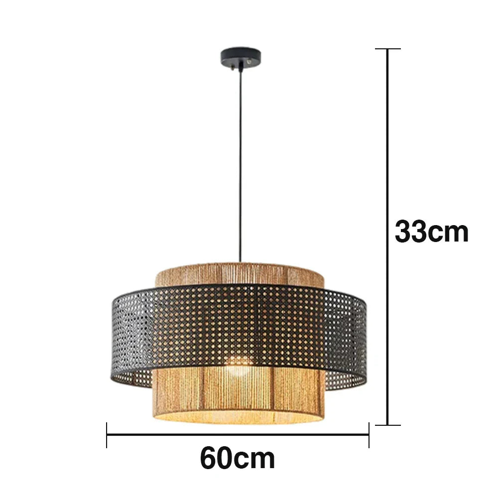 LIVARA 40/60/80cm Hemp Rope & Rattan Pendant Light, Double-Layer Handwoven Lampshade with E27 LED Bulb Included Natural Woven Ceiling Light - Black