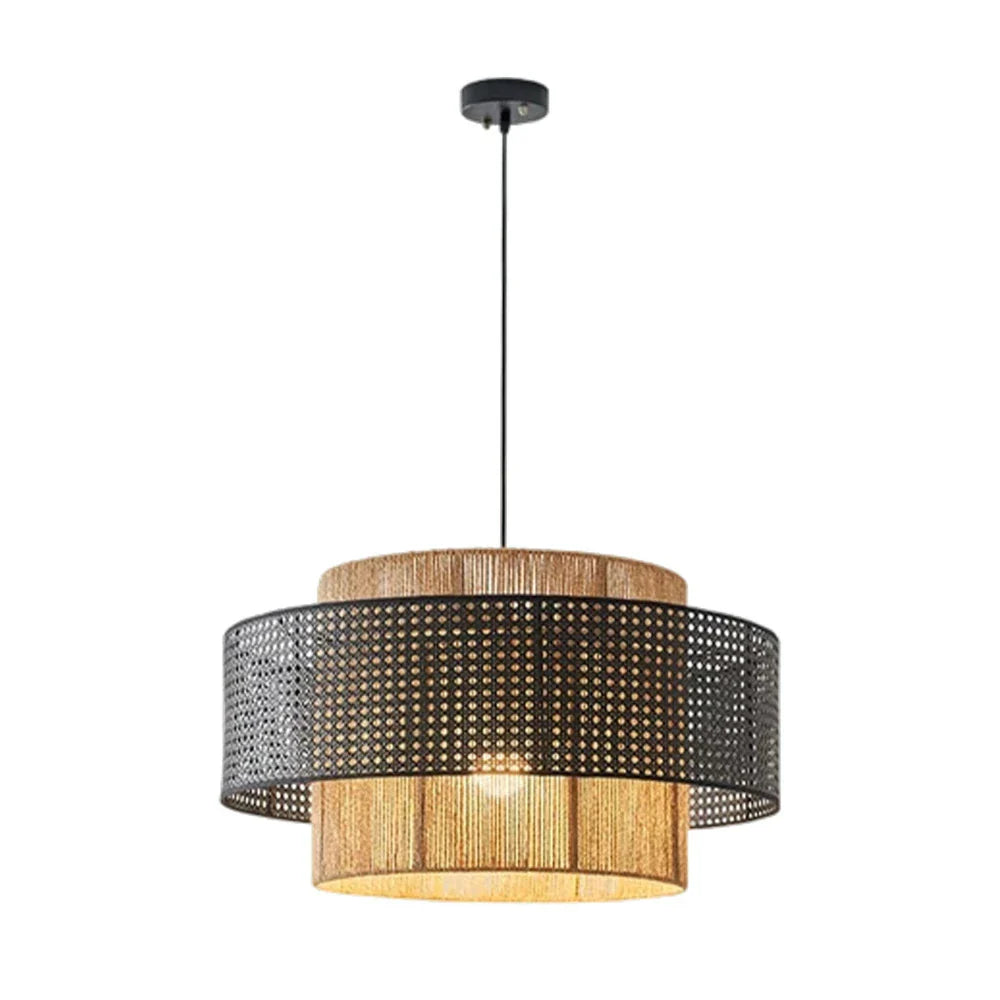 LIVARA 40/60/80cm Hemp Rope & Rattan Pendant Light, Double-Layer Handwoven Lampshade with E27 LED Bulb Included Natural Woven Ceiling Light - Black