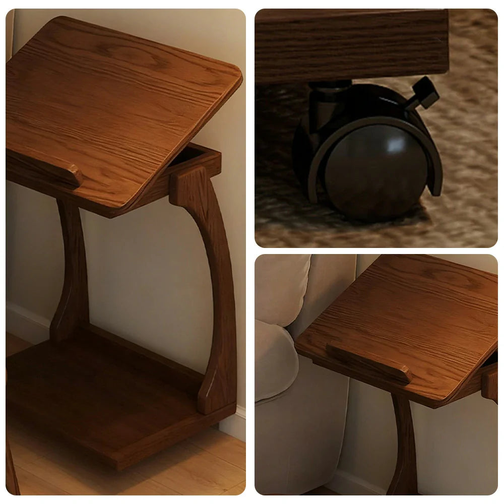 LIVARA 40cm Frame, Wheels, iPad Rubberwood Storage, Side Lockable Flip-Top Angles, - Table, Multi-Tier Adjustable C-Shaped Holder Laptop Solid Brown