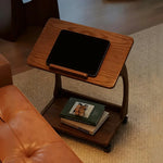 LIVARA 40cm Frame, Wheels, iPad Rubberwood Storage, Side Lockable Flip-Top Angles, - Table, Multi-Tier Adjustable C-Shaped Holder Laptop Solid Brown