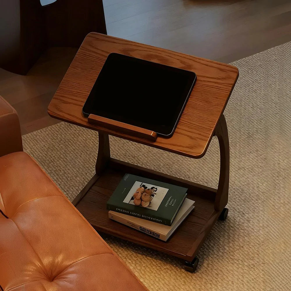 LIVARA 40cm Frame, Wheels, iPad Rubberwood Storage, Side Lockable Flip-Top Angles, - Table, Multi-Tier Adjustable C-Shaped Holder Laptop Solid Brown