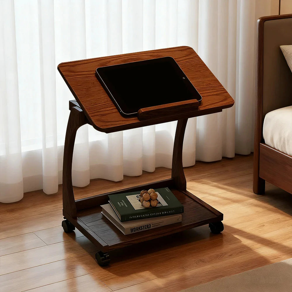 LIVARA 40cm Frame, Wheels, iPad Rubberwood Storage, Side Lockable Flip-Top Angles, - Table, Multi-Tier Adjustable C-Shaped Holder Laptop Solid Brown