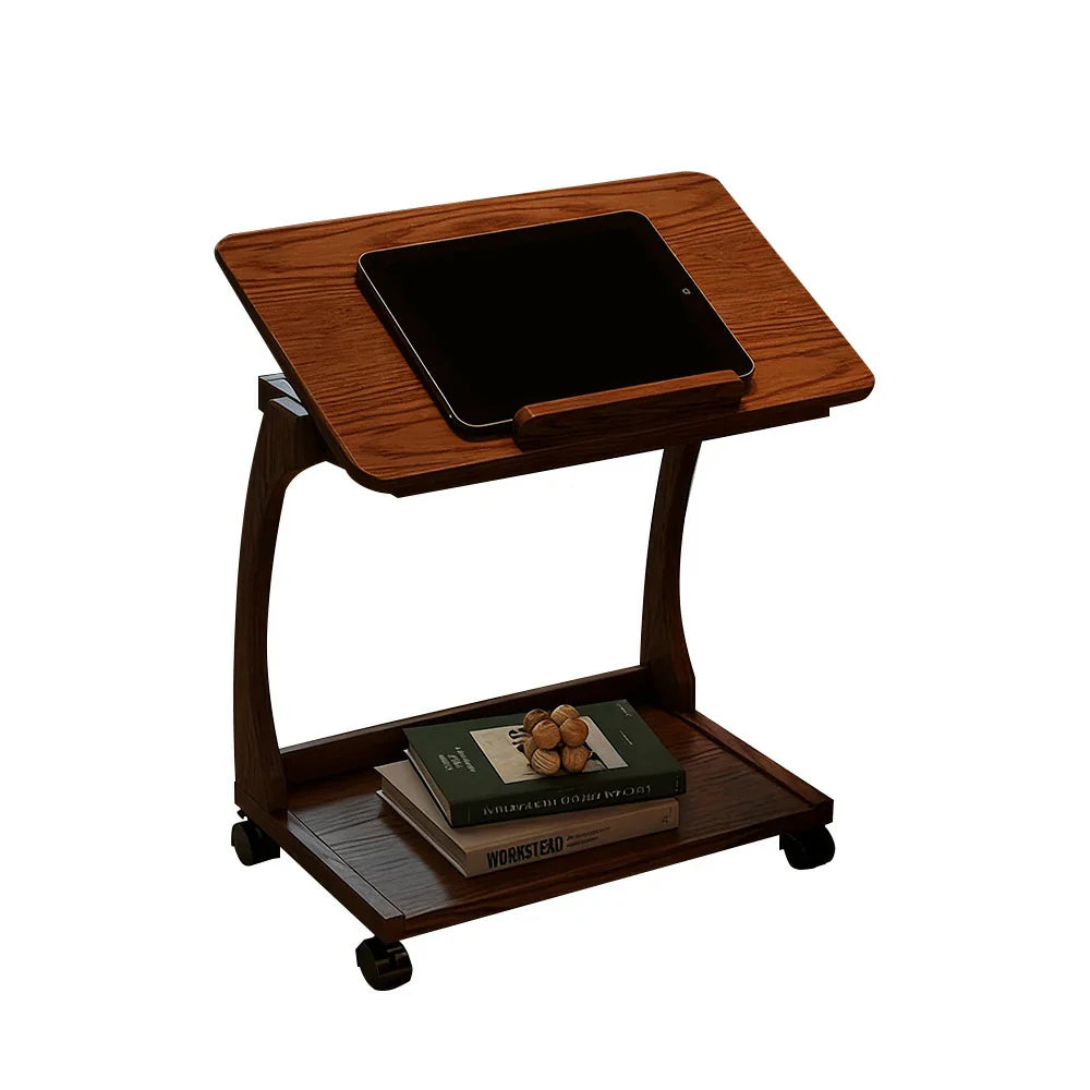 LIVARA 40cm Frame, Wheels, iPad Rubberwood Storage, Side Lockable Flip-Top Angles, - Table, Multi-Tier Adjustable C-Shaped Holder Laptop Solid Brown