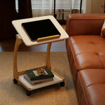 LIVARA 40cm Holder C-Shaped Storage, iPad Lockable Multi-Tier Laptop Wheels, Flip-Top Solid - Angles, Adjustable Table, Rubberwood Side Frame, Walnut