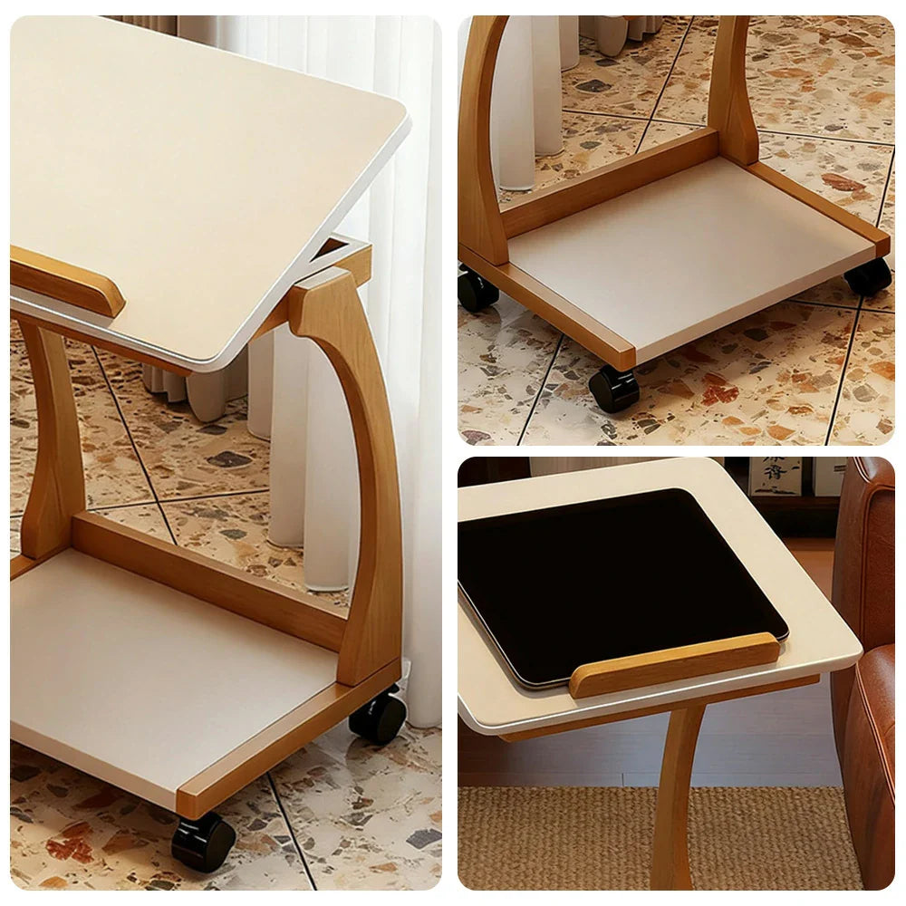 LIVARA 40cm Holder C-Shaped Storage, iPad Lockable Multi-Tier Laptop Wheels, Flip-Top Solid - Angles, Adjustable Table, Rubberwood Side Frame, Walnut