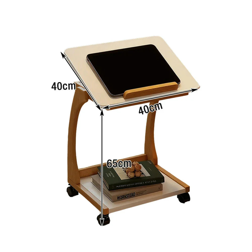 LIVARA 40cm Holder C-Shaped Storage, iPad Lockable Multi-Tier Laptop Wheels, Flip-Top Solid - Angles, Adjustable Table, Rubberwood Side Frame, Walnut