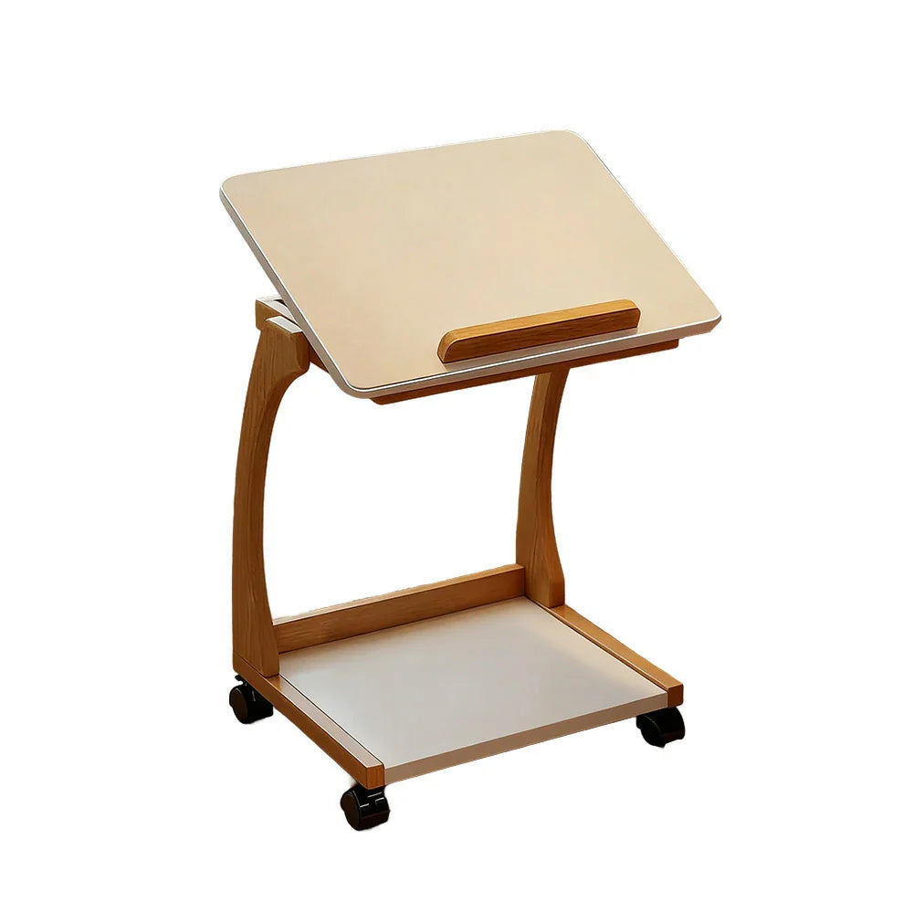 LIVARA 40cm Holder C-Shaped Storage, iPad Lockable Multi-Tier Laptop Wheels, Flip-Top Solid - Angles, Adjustable Table, Rubberwood Side Frame, Walnut
