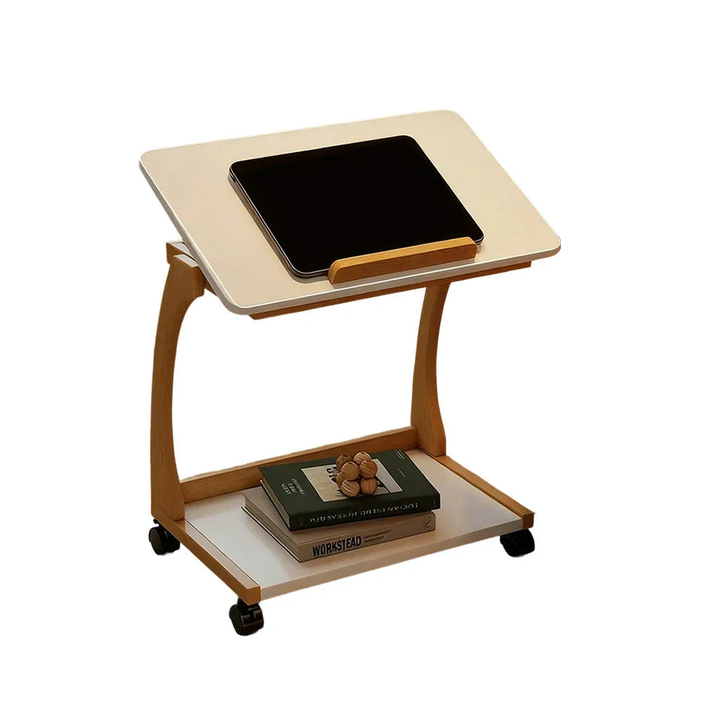 LIVARA 40cm Holder C-Shaped Storage, iPad Lockable Multi-Tier Laptop Wheels, Flip-Top Solid - Angles, Adjustable Table, Rubberwood Side Frame, Walnut