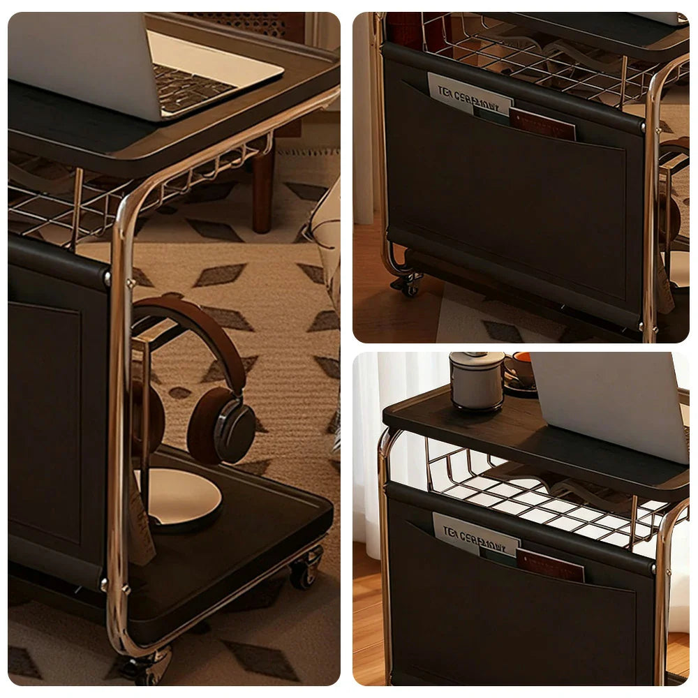 LIVARA 60cm Side Desk Wheels Base Multi-Tier Coffee Bedside - Metal Grain Top, Storage, Lockable Table, Computer Pocket, Wood Plated with C-Shaped Black