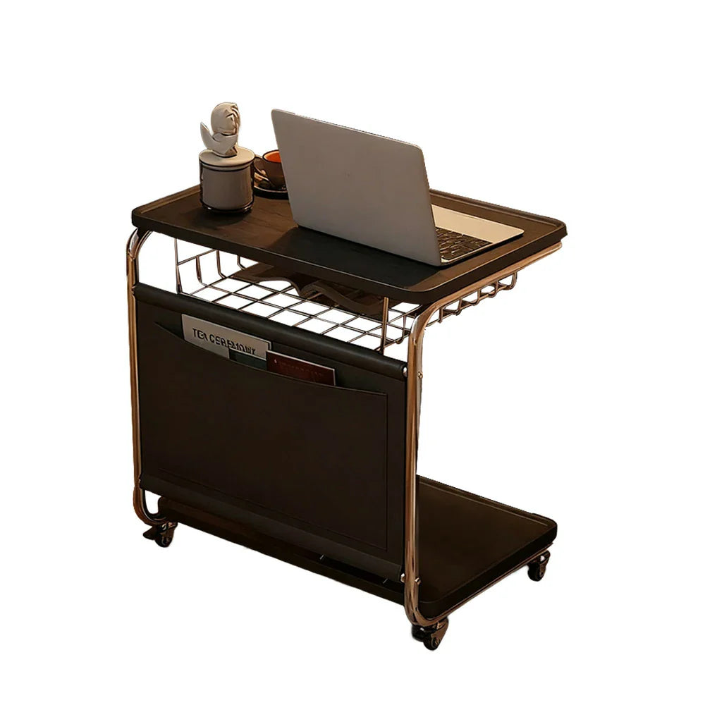 LIVARA 60cm Side Desk Wheels Base Multi-Tier Coffee Bedside - Metal Grain Top, Storage, Lockable Table, Computer Pocket, Wood Plated with C-Shaped Black
